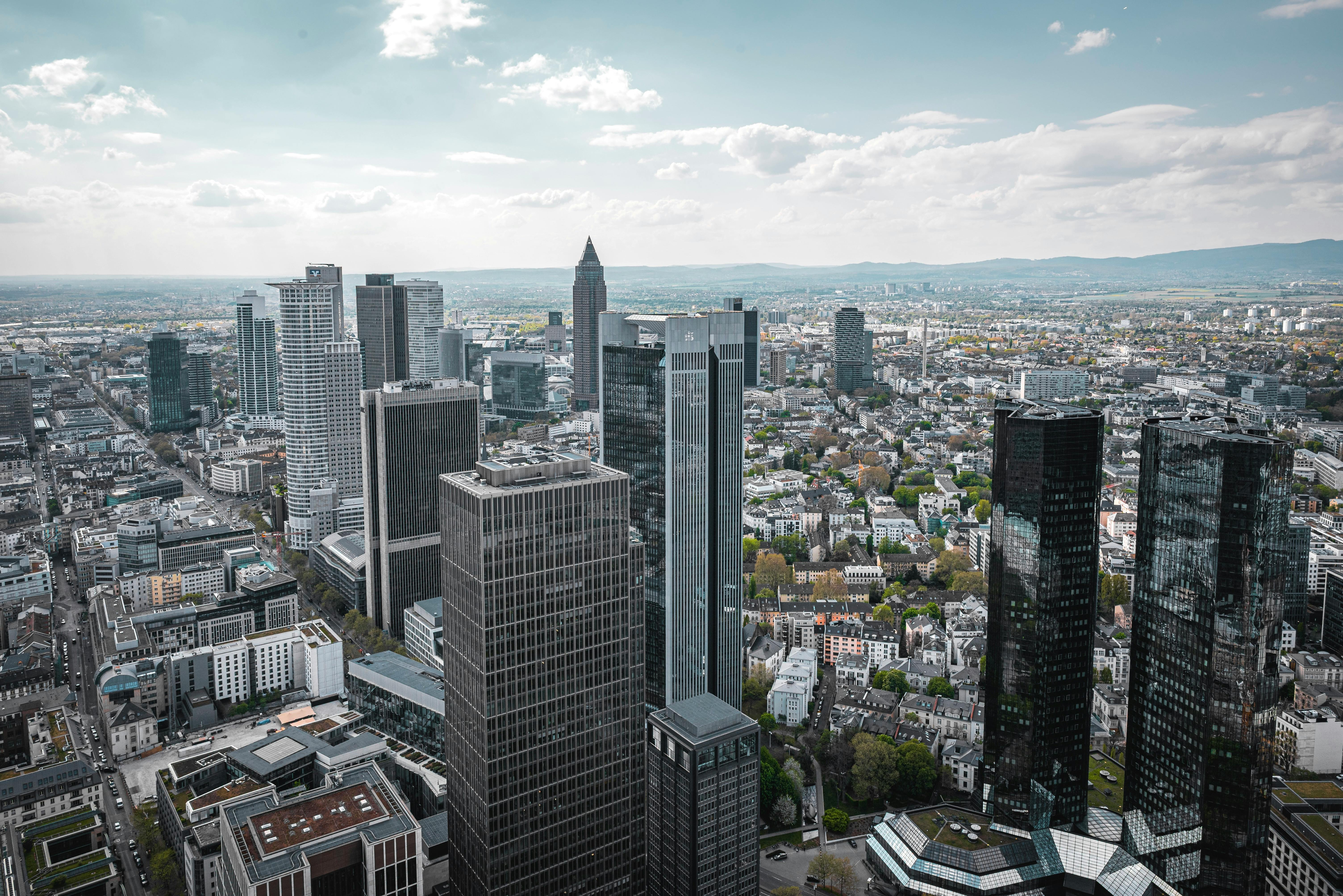 Aerial view of Frankfurt’s skyline with modern skyscrapers rising above the city centre