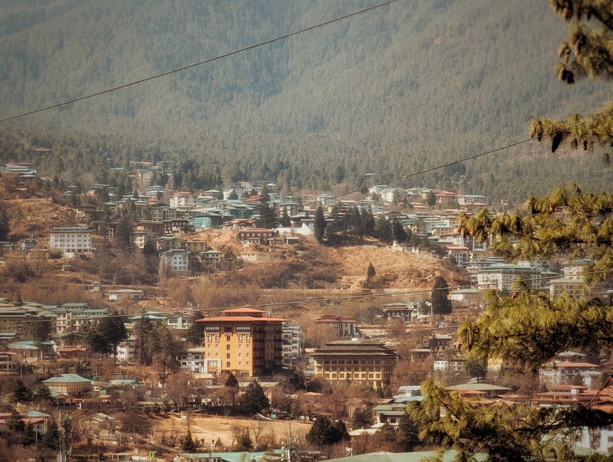 Aerial view of Thimphu, Bhutan's capital city, nestled in the picturesque hills.