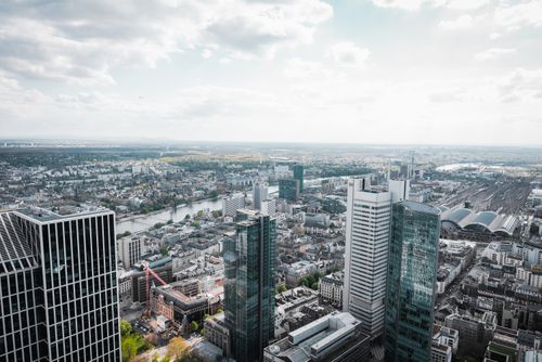 Free Stunning aerial view of Frankfurt's modern skyline on a clear day. Stock Photo