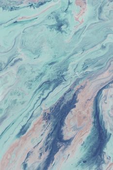 Dynamic abstract art in aqua and pink resembling marble swirls