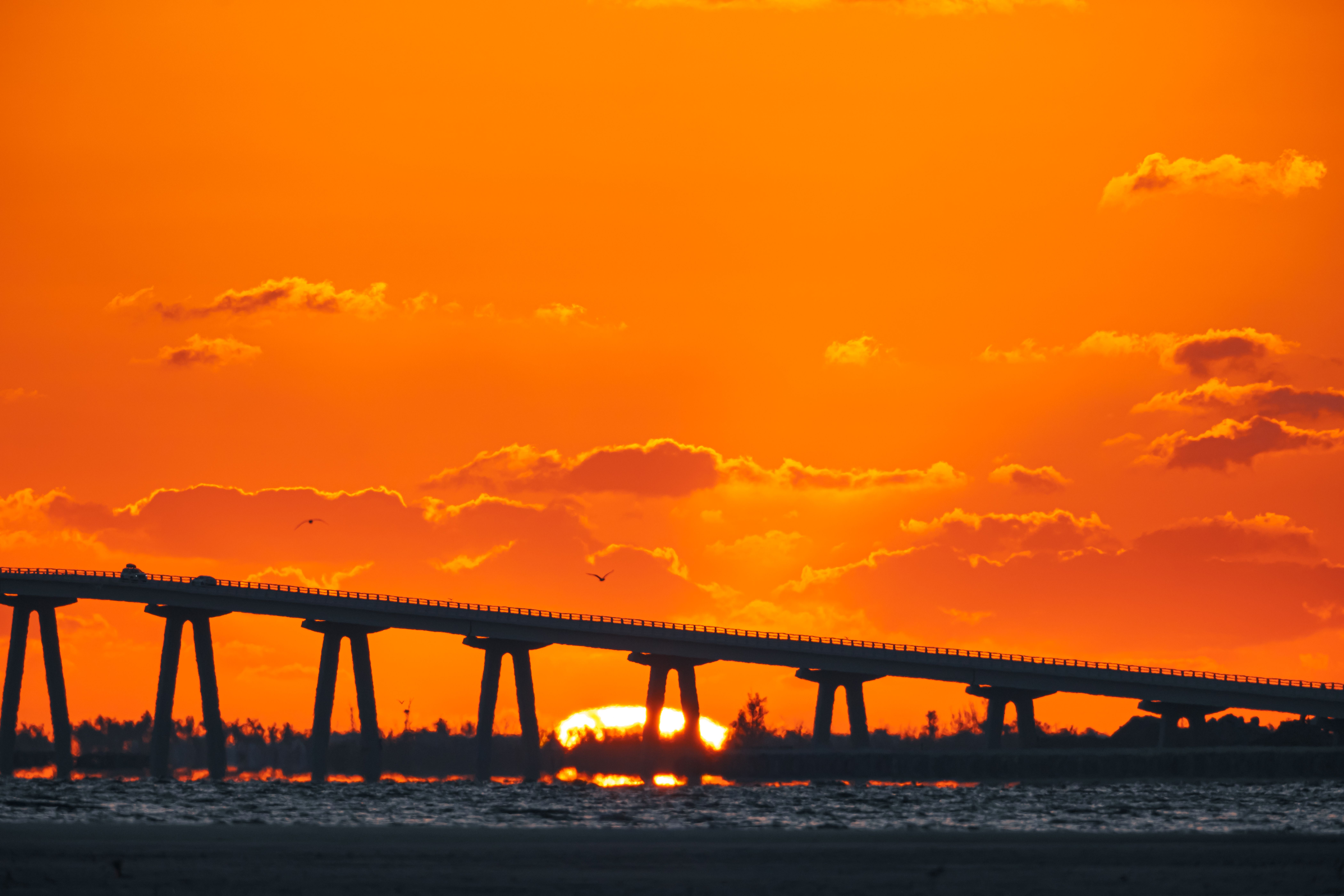 A stunning view of a bridge silhouetted against a vivid orange sunset in Florida, USA.