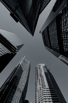 Dramatic view of skyscrapers in Frankfurt, Germany, captured in monochrome.