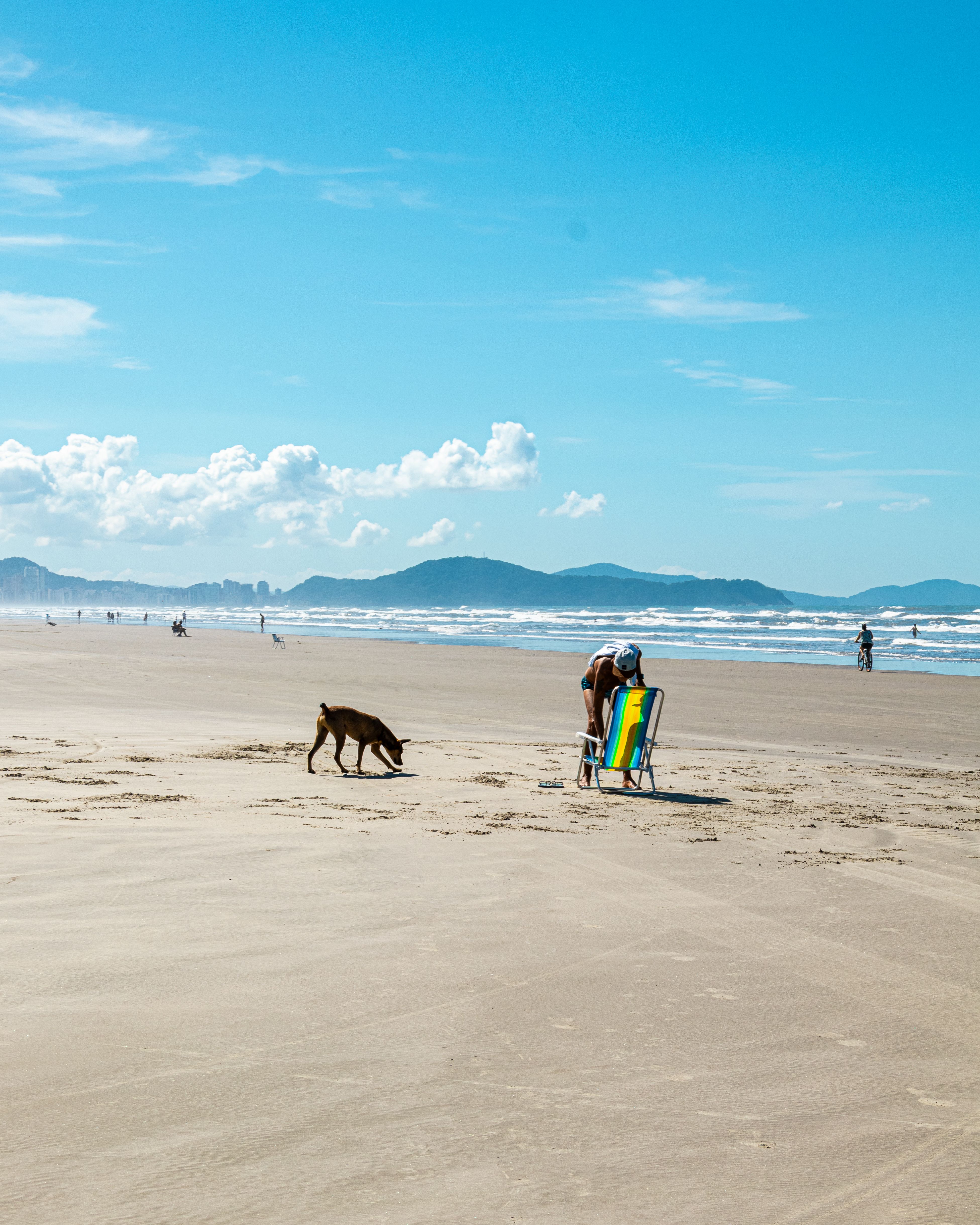 A serene scene at Praia Grande beach with a lone figure and a dog enjoying the sun.