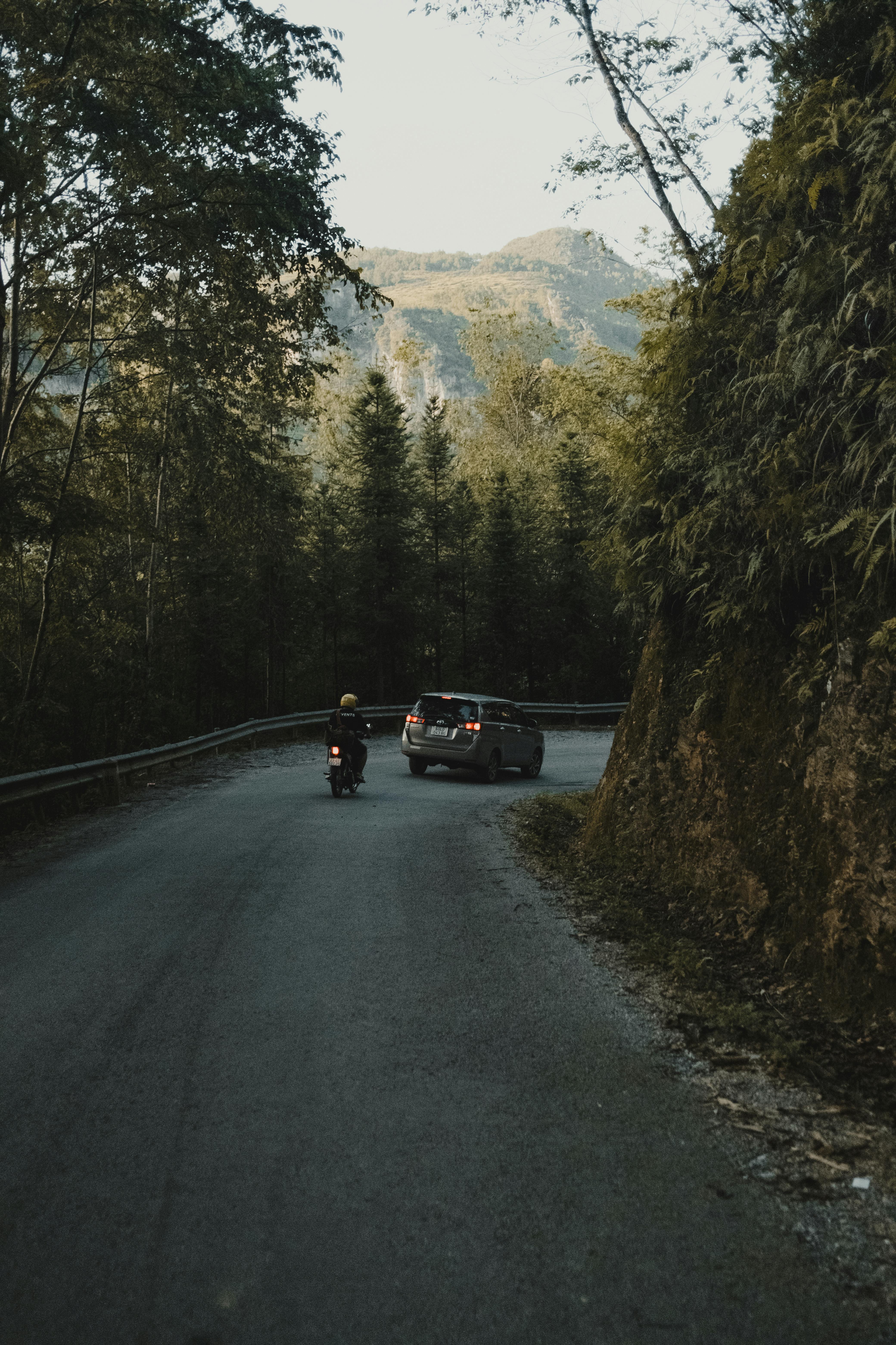 Car and motorbike on a winding mountain road surrounded by lush trees.
