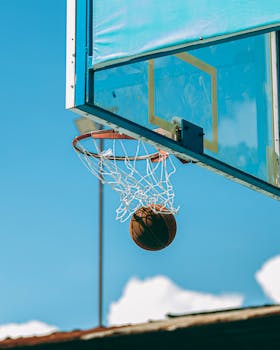 Basketball making a perfect score through the hoop with clear blue sky background.