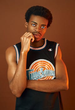 Portrait of a young man wearing a basketball jersey against a rich brown backdrop.