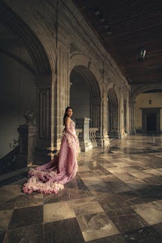 A woman in a flowing gown poses in a grand historic hallway with arched architecture.
