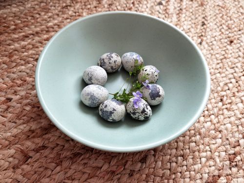 Free Quail eggs with flowers in a green bowl on a wicker surface. Perfect for nature and culinary themes. Stock Photo