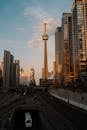 Toronto CN Tower at Sunset with Train View