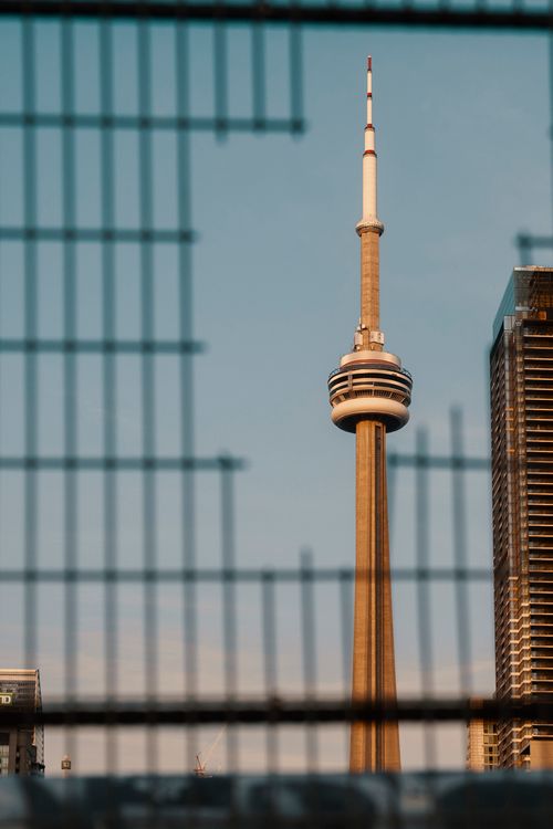 Free CN Tower framed by metal fence at sunset in Toronto, Canada. Stock Photo