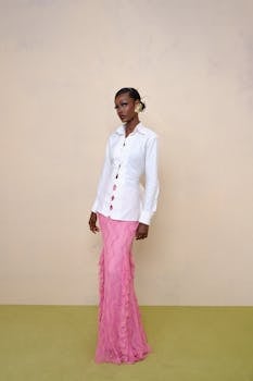 Stylish model poses in a white shirt and pink skirt against a neutral background.