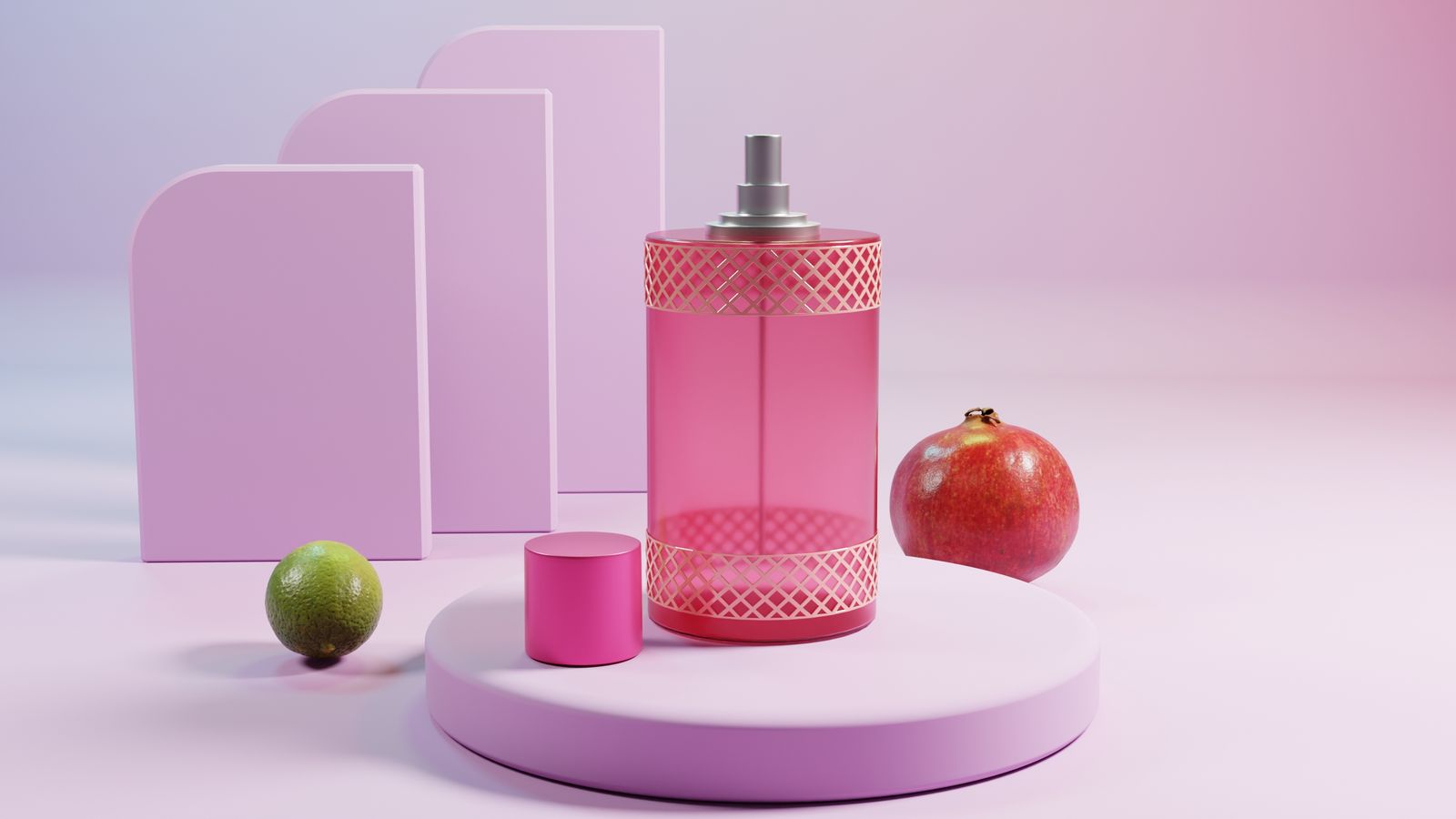 A fragrance bottle displayed beside citrus and pomegranate, illustrating the raw note references behind a scent brief