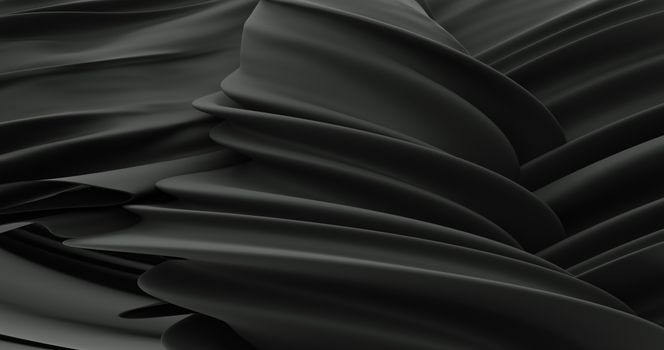Elegant abstract image of undulating black satin fabric with fluid, smooth folds.