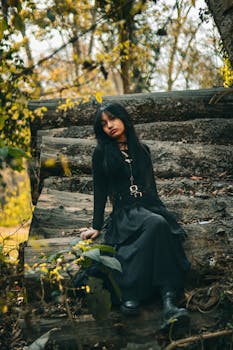 A woman in gothic attire sits on logs in a serene woodland setting in fall.