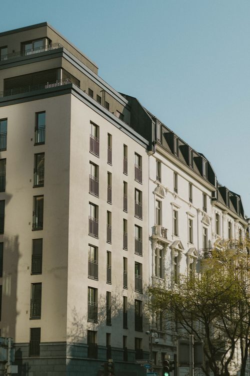 Free A view of a classic building facade with urban charm in Frankfurt, Germany. Stock Photo