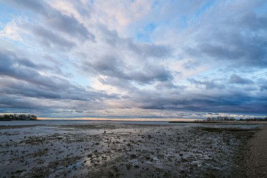 Peaceful morning view of low tide and cloudy skies at Cove Island Park in Stamford, Connecticut.