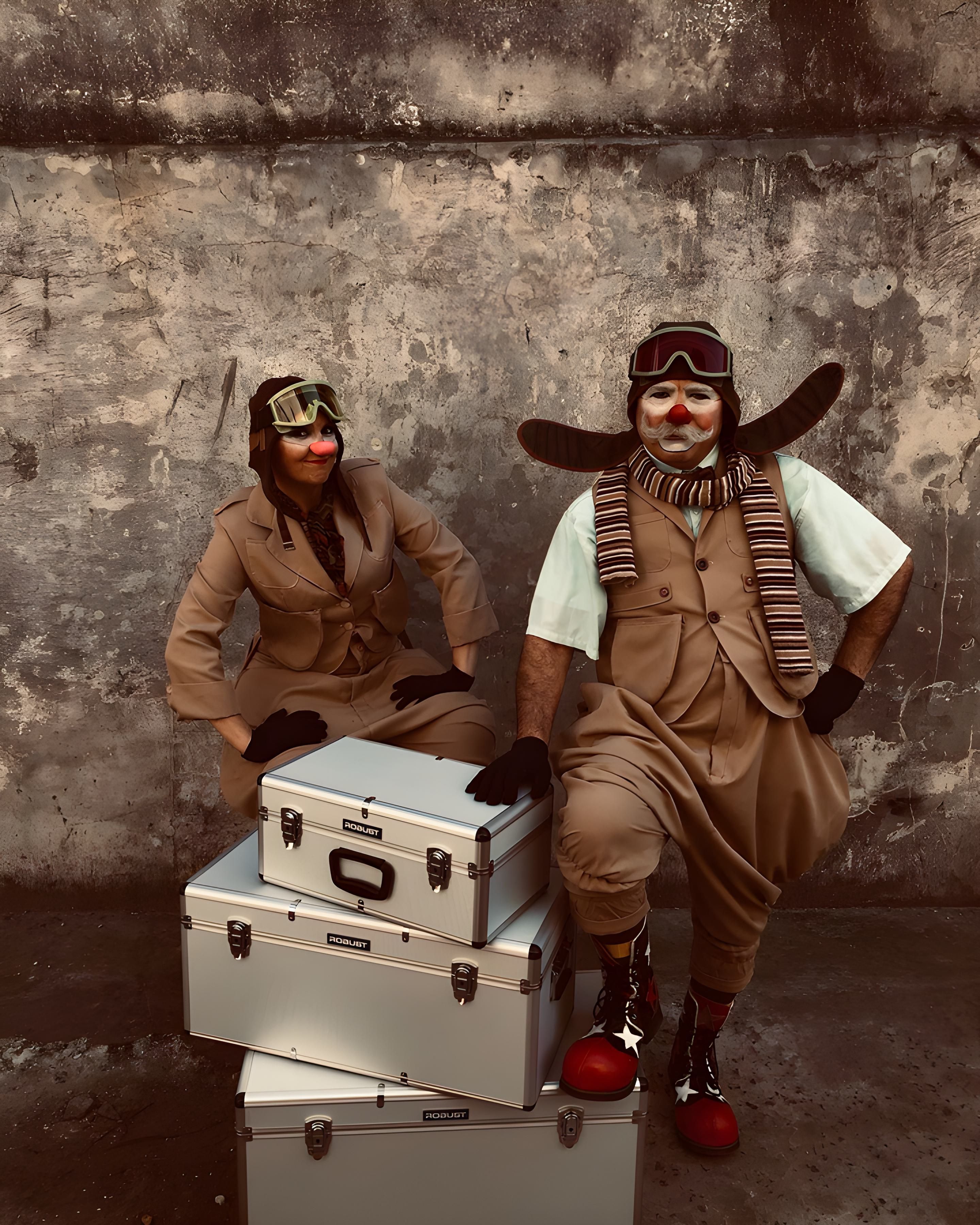 Gratis Due clown vestiti da aviatori, con i loro bagagli, posano in modo giocoso in un magazzino d'epoca. Foto a disposizione
