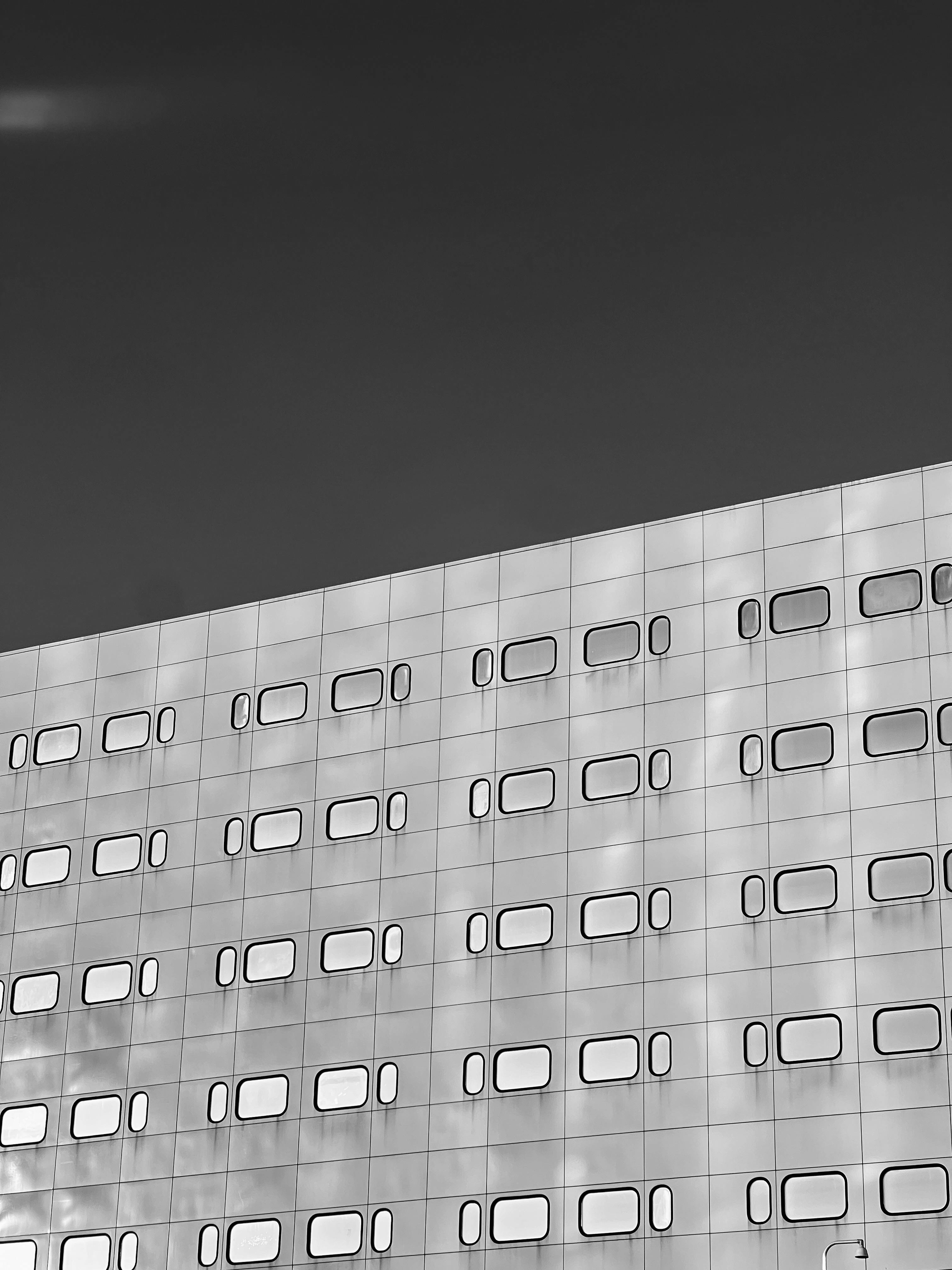 Gratuit Fotografie alb-negru a fațadei unei clădiri minimaliste cu ferestre geometrice în model de grilă. Fotografie de stoc