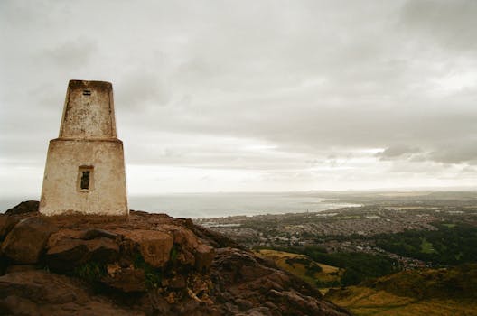 Panoramic view from Arthur's Seat overlooking Edinburgh cityscape and countryside.