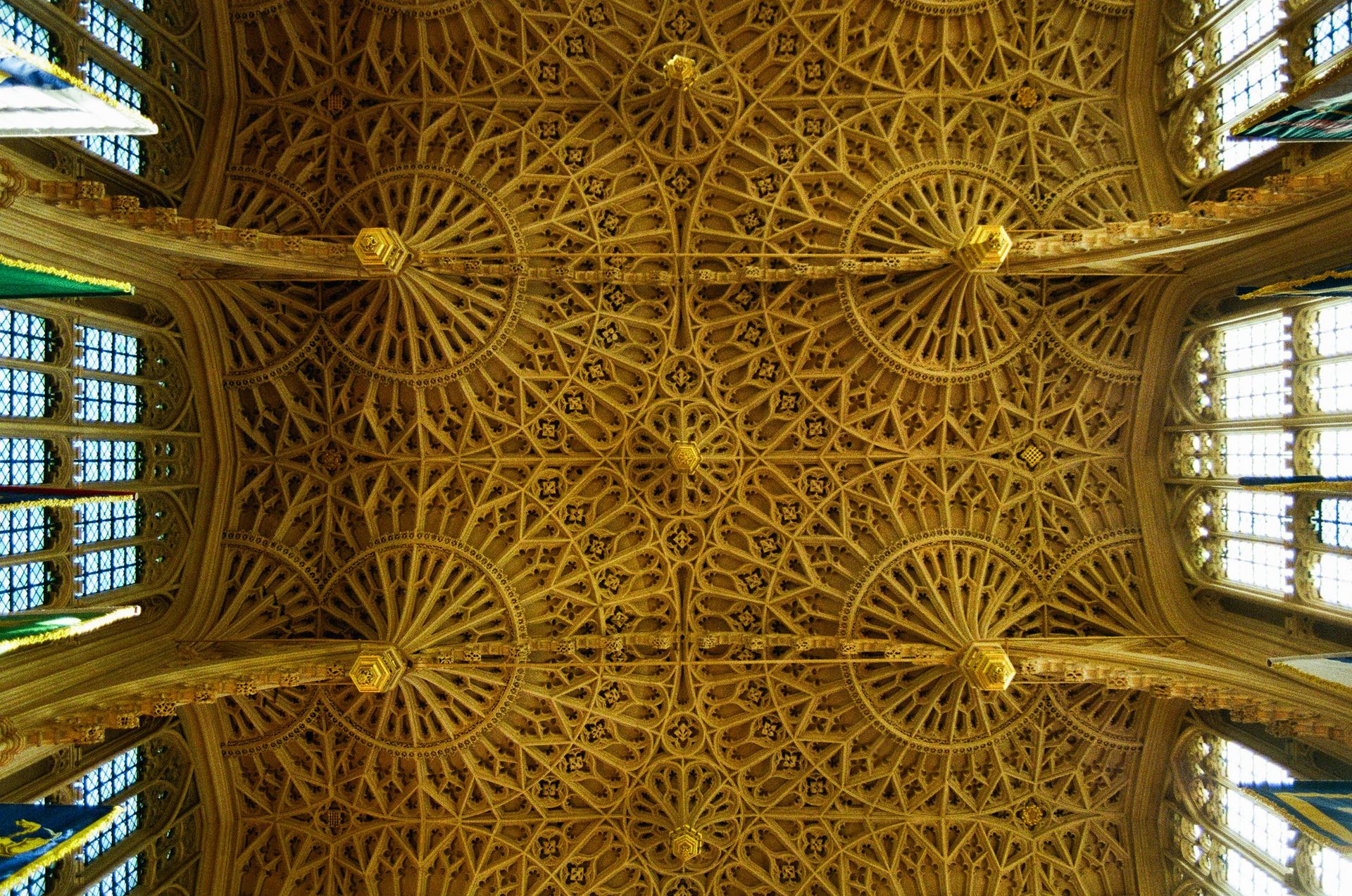 Stunning fan vaulting ceiling with intricate design in an English cathedral.