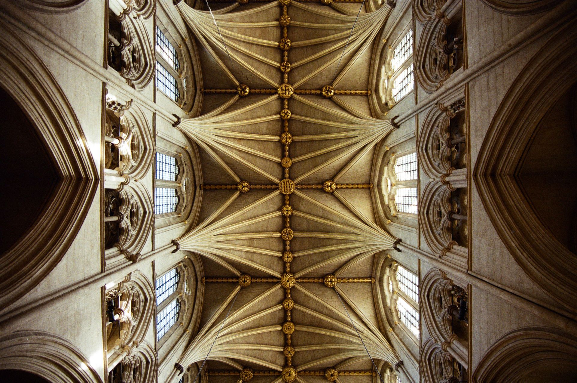 Intricate vaulted ceiling of a Gothic cathedral with detailed stone carvings and golden accents.
