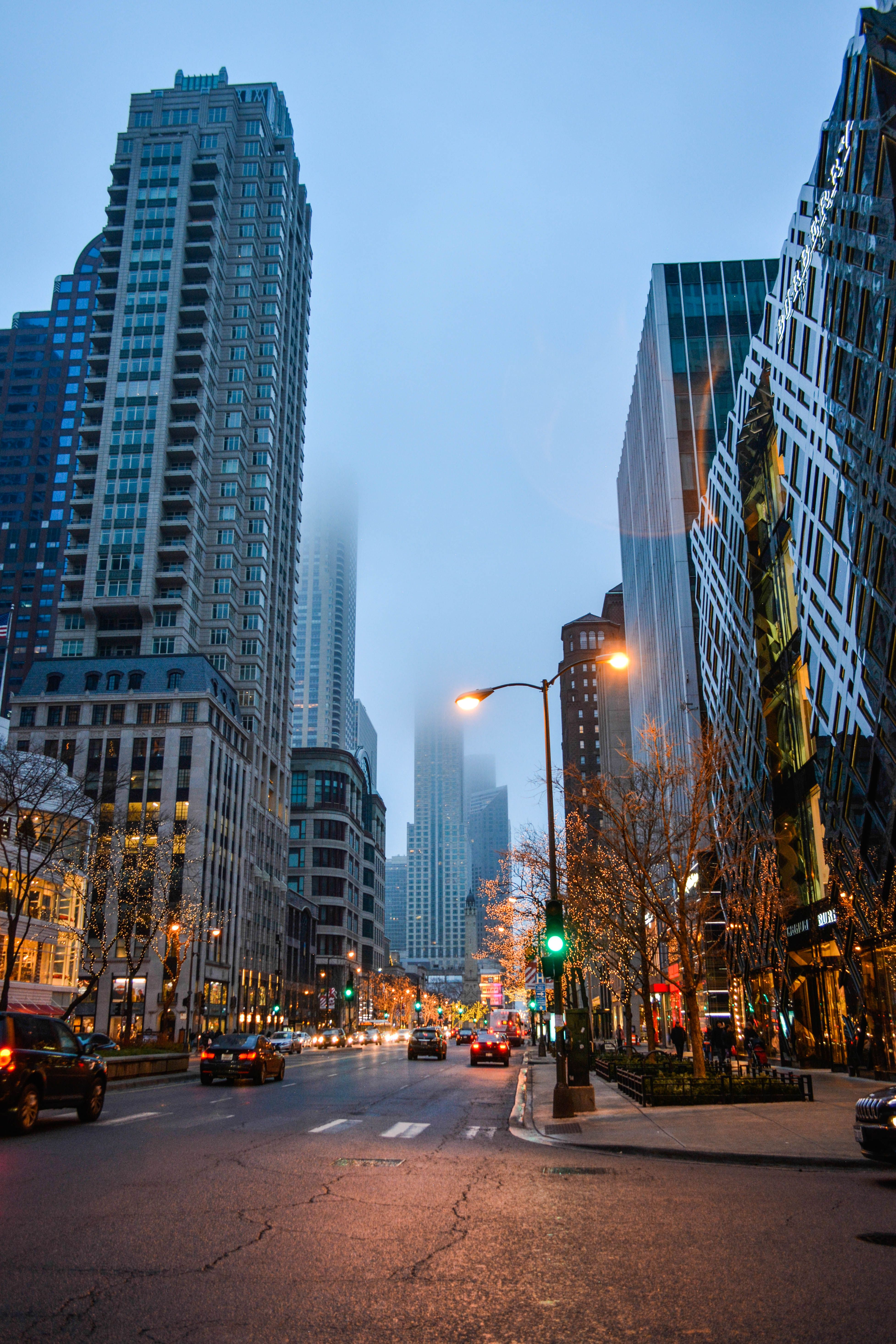Foggy Downtown Chicago Street Scene at Dusk · Free Stock Photo