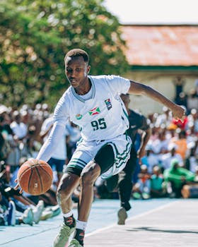 Exciting outdoor basketball game action captured in a lively setting.