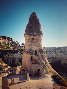 Stunning view of a fairy chimney rock formation in Cappadocia, Turkey, under a clear blue sky.