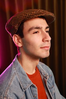 Profile of a young man wearing a vintage cap and denim jacket with a creative lighting setup indoors.