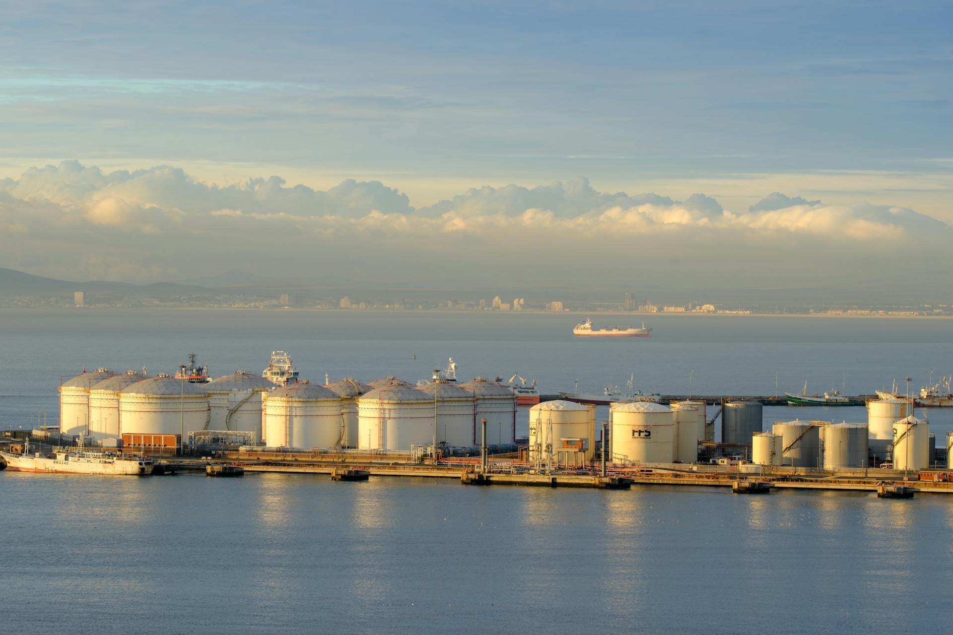 Oil storage tanks by the coast with a ship in the distance under a cloudy sky.