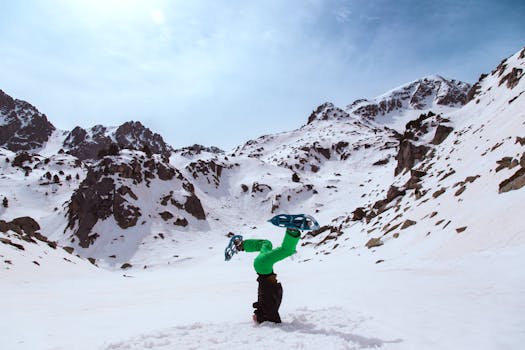 A person performs a headstand while snowshoeing in a snowy alpine landscape.