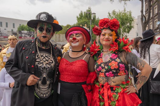 Colorful costumes and painted faces at a lively Day of the Dead festival, capturing cultural vibrancy.
