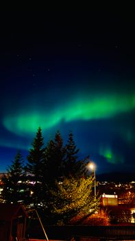 Beautiful northern lights illuminating the Reykjavík night sky, capturing nature's vivid display.