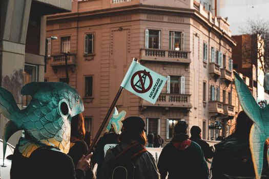 Environmental protest in Mar del Plata with people wearing fish masks and holding anti-fracking signs.