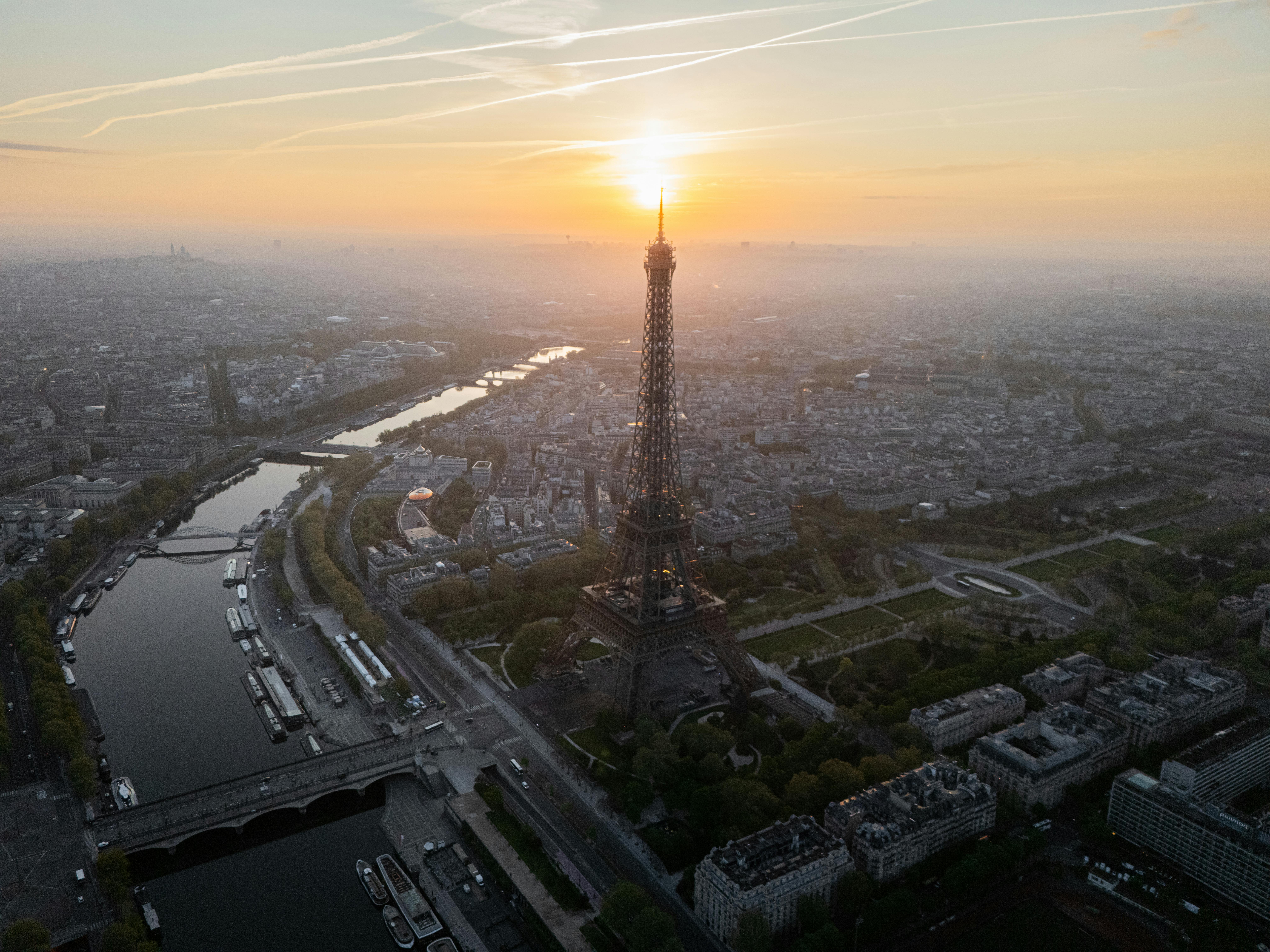 Aerial View of Eiffel Tower at Sunrise in Paris · Free Stock