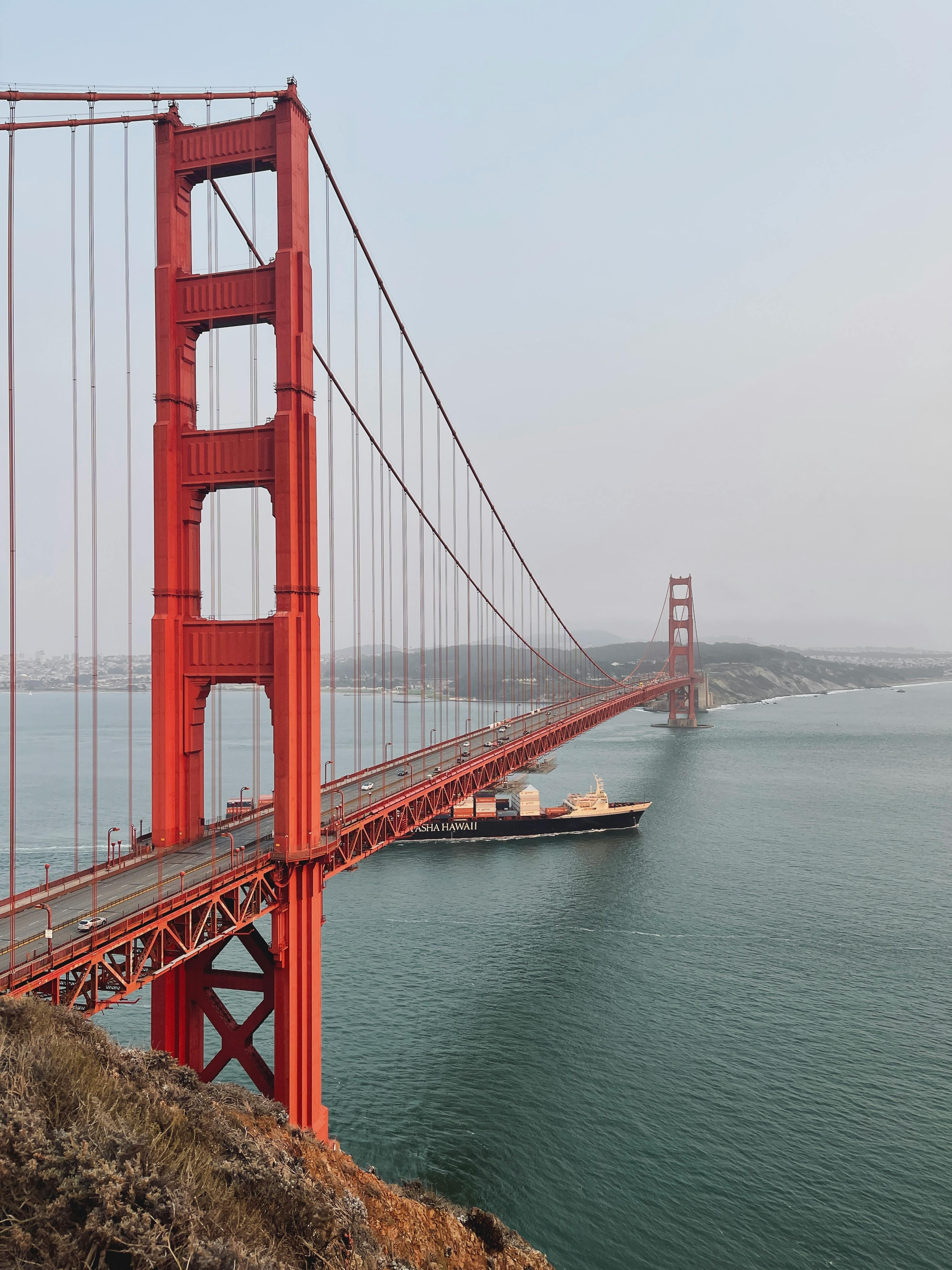 Iconic view of the Golden Gate Bridge spanning San Francisco Bay on a clear day.