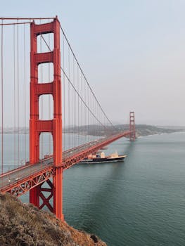 Iconic view of the Golden Gate Bridge spanning San Francisco Bay on a clear day.