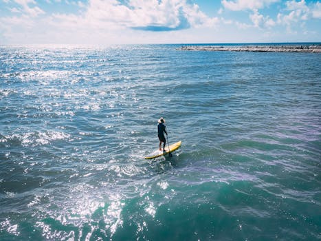 A person paddleboarding solo on the ocean, enjoying a peaceful sunny day.