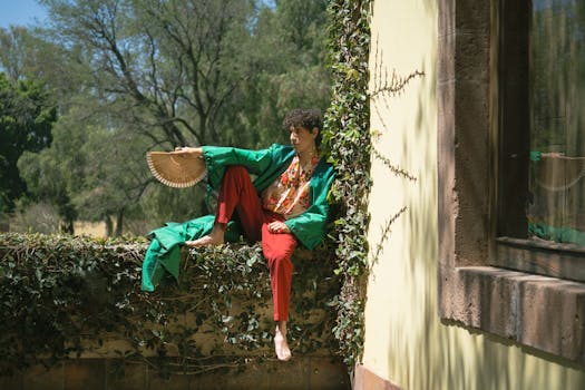 A person in vibrant clothing sits outdoors with a traditional fan, exuding elegance.