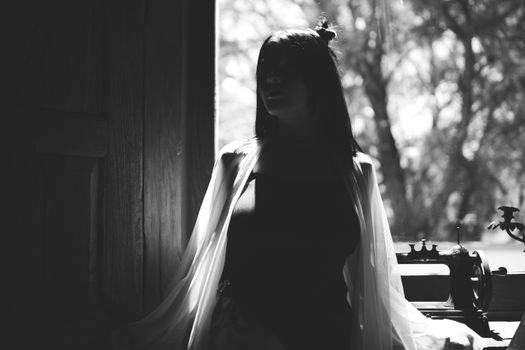A black and white photo capturing the silhouette of a woman in elegant black attire by a window.