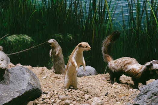 A group of weasels playing in a natural setting with rocks and grass in Ankara, Türkiye.
