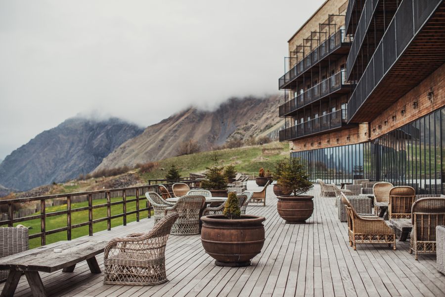 Mountain-view hotel terrace in Georgia