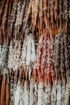 Vibrant display of traditional Georgian churchkhela hanging at a market.