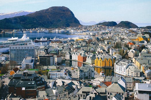 Panoramic aerial view of Alesund, Norway showcasing colorful buildings and fjords.