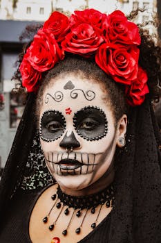 一位女性涂着《亡灵节》妆容、头戴红色玫瑰王冠的肖像引人注目