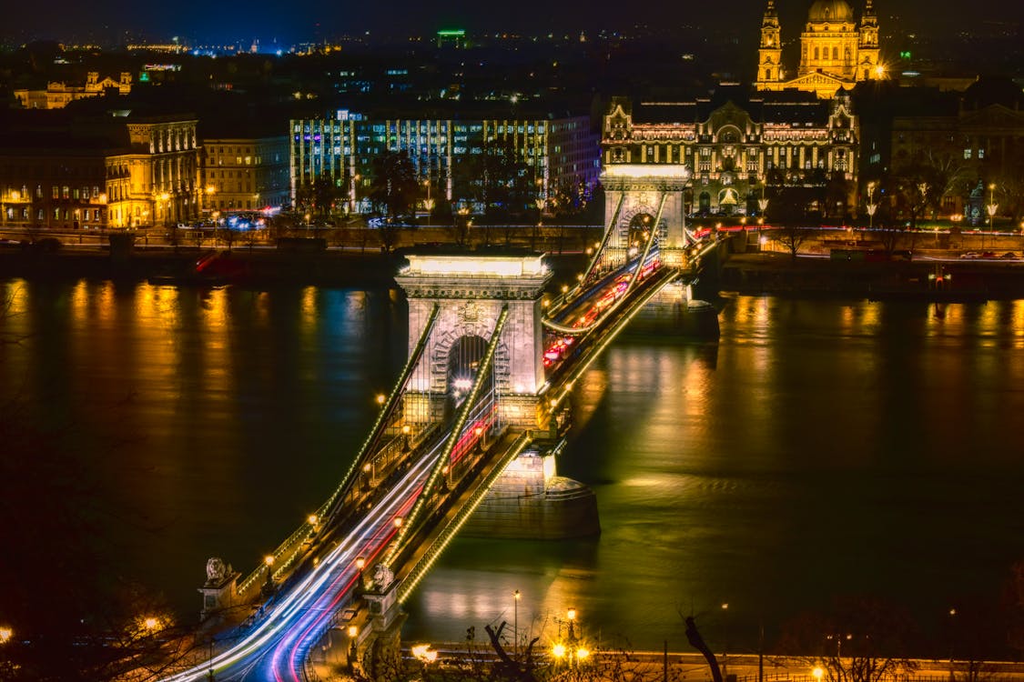 Free Time-Lapse Photography of Lighted Suspension Bridge Stock Photo