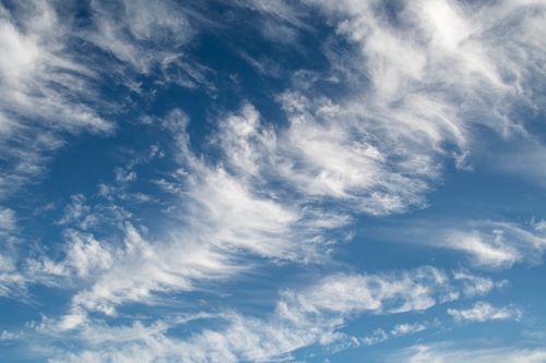 Free Bright, clear blue sky filled with wispy cirrus clouds on a sunny day. Stock Photo