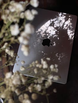 Laptop with floral shadows creating an artistic effect, ideal for creative themes.