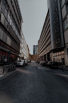 Street view showcasing urban architecture in the heart of Frankfurt, Germany, on a sunny day.