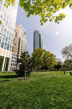 A sunny day in Frankfurt showcasing skyscrapers and green park scenery.